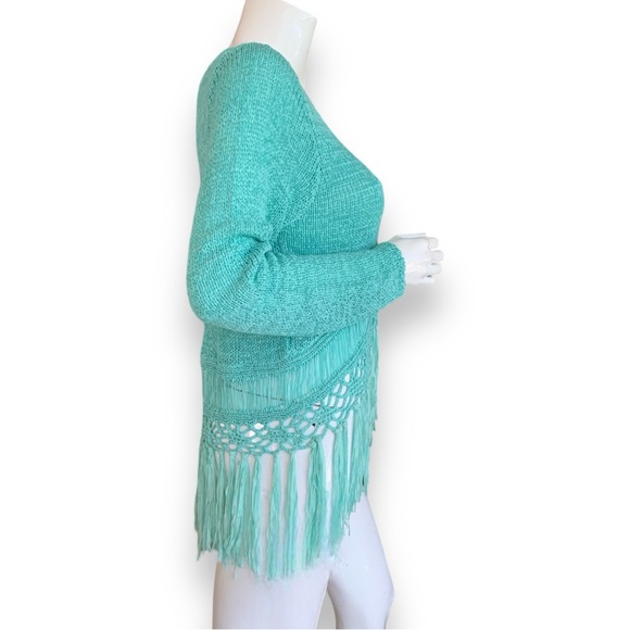 VENUS TURQUOISE KNIT SWEATER WITH CROCHETED FRINGE. WOMEN’S SIZE MEDIUM - Picture 2 of 9